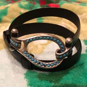 Turquoise detailed black leather belt. Adjustable.
